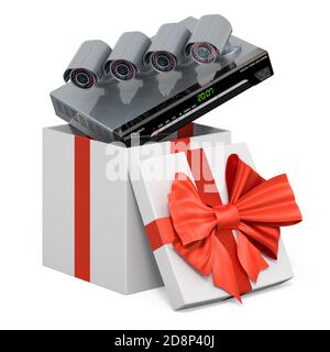 CCTV-System Digital-Videorekorder im Geschenkkarton, präsentieren Konzept. 3D-Rendering auf weißem Hintergrund isoliert Stockfoto