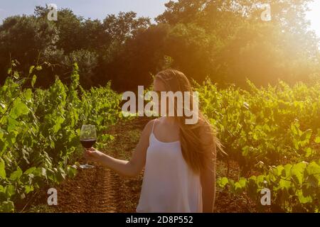 Schöne Frau mit Weinglas auf dem Weinberg während des Sonnenuntergangs , sonniger Tag im Sommer. Stockfoto