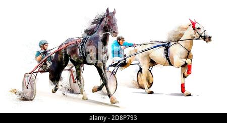 Pferderennen Wettbewerb Derby. Trotter Race. Rennpferde mit Jockeys. Hippodrome. Aquarell Malerei Illustration isoliert auf weißem Hintergrund Stockfoto