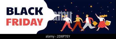 Black friday, Mega Sale Banner, Szene mit einer Menge, Frauen und Männer laufen mit Einkaufstaschen. Verkauf Konzept Design Stock Vektor