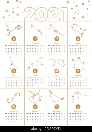 Vector Kalender 2021 druckbare A3 Vorlage. Sternzeichen, Sterne, Sternbilder von goldener Farbe. Neujahr. Astrologische Prognose, Horoskop für Stock Vektor