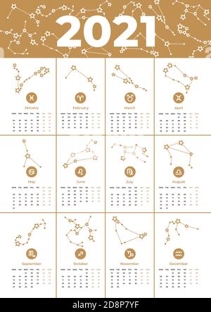 Vector Kalender 2021 druckbare A3 Vorlage. Sternzeichen, Sterne, Sternbilder von goldener Farbe. Neujahr. Astrologische Prognose, Horoskop für Stock Vektor