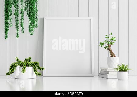Weißes Innenpostermodell mit leerem Rahmen und Pflanzen in Vasen auf weißem Holz Wandhintergrund. 3D-Rendern 3D-Illustration Stockfoto