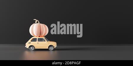 Retro-Auto mit Kürbis auf dem Dach. Herbst kommt Konzept. Schwarzer Hintergrund mit Kopierraum 3D Rendering 3D-Illustration Stockfoto