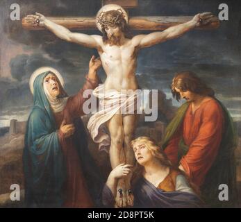 WIEN, AUSTIRA - 22. OKTOBER 2020: Das Gemälde der Kreuzigung in der Kirche St. Johann der Evangelist von Karl Geiger (1876). Stockfoto