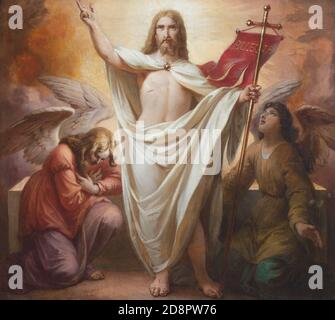 WIEN, AUSTIRA - 22. OKTOBER 2020: Die Auferstehung Jesu in der Kirche St. Johann der Evangelist von Karl Geiger (1876). Stockfoto