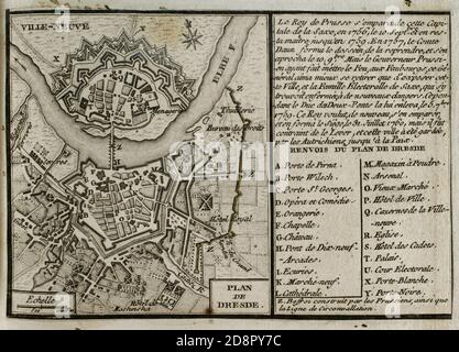 Guerra de los Siete Años. Sitio de Dresde (31 de julio de 1760). Tropas prusianas lideradas por Federico el Grande asediaron sin éxito la ciudad de Dresde, Capital del Electorado de Sajonia. Plano de Dresde. Grabado publicado en 1765 por el cartógrafo Jean de Beaurain (1696-1771) como ilustración de su gran Mapa de Alemania, con los eventos que tuvieron lugar durante la Guerra de los Siete Años. Guerra de 1755 A 1763. Edición Francesa, 1765. Bibioteca Histórico Militar de Barcelona. Cataluña, España. Stockfoto