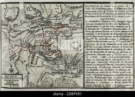 Batalla de Johannisberg, Johannesberg oder Nauheim. Tuvo lugar durante la Guerra de los Siete años, cerca de Nauheim en el Landgraviate de Hessen-Kassel, el 30 de agosto de 1762. El ejército francés al mando de Louis Joseph, príncipe de Condé, derrotó a las tropas Hannoverianas y Británicas del duque Ferdinand de Brunswick. Grabado publicado en 1765 por el cartógrafo Jean de Beaurain (1696-1771) como ilustración de su Gran Mapa de Alemania, con los eventos que tuvieron lugar durante la Guerra de los Siete Años. Guerra de 1755 A 1763. Edición francesa, 1765. Bibioteca Histórico Militar de Barcel Stockfoto