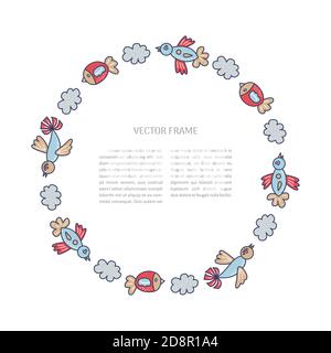 Handgezeichnete Vektor-Rundrahmen-Vorlage. Doodle Illustration von lustigen Elementen mit Platz für Text. Dekor für Einladungen, Grußkarten, Poster. Stock Vektor