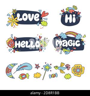 Liebe, hallo, Magie, Hallo. Vektor-Schriftzug Wörter mit dekorativen Elementen. Magische lustige Komposition. Feder, Zauberstab, Blume, Stern, Herz, Konfetti. Stock Vektor