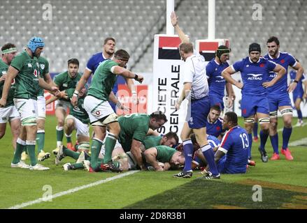 Cian Healy aus Irland hat beim Guinness Six Nations 2020, Rugby Union Match zwischen Frankreich und Irland am 31. Oktober 2020 im Stade d C einen Versuch gemacht Stockfoto