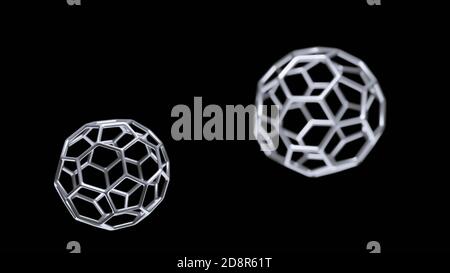 Modell von Buckminsterfullerene C60 Molekül, Alotrope von fullerenen Kohlenstoffatomen, runde Kugel mit sechseckigen Ringen oder Netz, molekulare 3D-Illustration Stockfoto