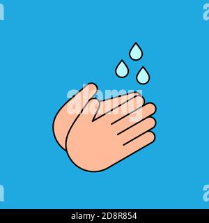 Waschen Sie Ihre Hände Zeichen. Farbsymbol für Waschhands. Menschliche Handflächen und Wassertropfen. Persönliche Hygiene. Desinfektion. Prävention von Infektionskrankheiten. Vektor Stock Vektor