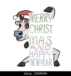 Kuh tragen Chistmas roten Hut stehen aus Merry Christmas und Happy New Year handschriftlich isoliert auf weißem Hintergrund. Stock Vektor