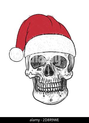 Weihnachten Weihnachtsmann Schädel Hand gezeichnet Vektor-Illustration isoliert auf weißem Hintergrund. Stock Vektor