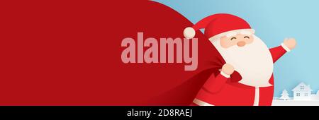 weihnachtsmann und eine riesige Geschenktüte mit Platz für Text. Verwenden Sie für Cover, Grußkarten, Banner, Anzeigen, Einladung. Stock Vektor