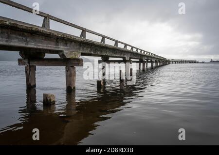 Historischer Kai in Tokaanu, in der Nähe von Turangi, Nordinsel, Neuseeland Stockfoto