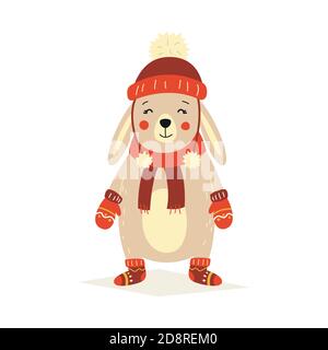 Weihnachtliche flauschige weiße stehende Kaninchen in einem roten Hut, Fäustlinge und Filzstiefel. Vektorgrafik auf weißem, isoliertem Hintergrund Stock Vektor