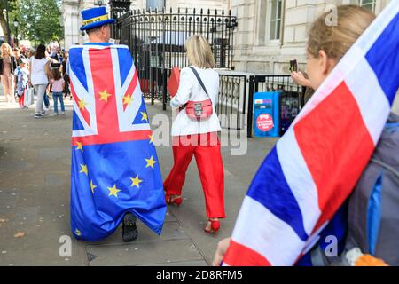 Liz Truss MP, britische konservative Politikerin, Staatssekretärin für internationalen Handel mit Brexit-Demonstranten in Whitehall, London, Großbritannien Stockfoto