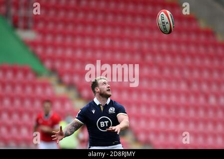 Llanelli, Großbritannien. Oktober 2020. Stuart Hogg aus Schottland in Aktion. Guinness Six Nations 2020 Championship match, Wales gegen Schottland im Parc Y Scarlets in Llanelli, South Wales am Samstag, 31. Oktober 2020. Dieses Bild darf nur für redaktionelle Zwecke verwendet werden. Redaktionelle Verwendung nur, Bild von Andrew Orchard / Andrew Orchard Sport Fotografie / Alamy Live Nachrichten Kredit: Andrew Orchard Sport Fotografie / Alamy Live Nachrichten Stockfoto