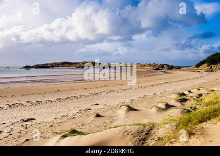 Erodierte Sanddünen am exponierten Newborough-Strand bei Ebbe mit Blick auf Ynys Llanddwyn Island, Newborough, Isle of Anglesey, North Wales, Großbritannien Stockfoto