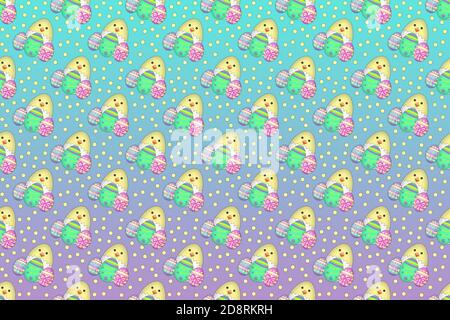 Eine nahtlose Ostern Hintergrund Illustration von niedlichen ostern Küken und Eier mit Tupfen gegen ein helles Lila und Grün Hintergrund Stockfoto