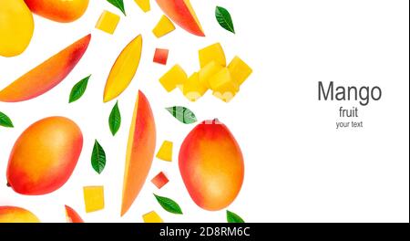 Mango isoliert auf dem weißen Hintergrund. Kreatives Layout aus Mango-Fruchtscheiben, Blättern, Würfeln. Muster. Mango isoliert auf dem weißen Hintergroun Stockfoto