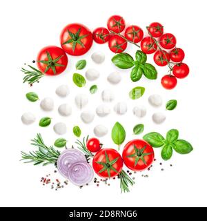 Mozzarella, Basilikumblatt, Rosmarin und Tomaten isoliert auf weißem Hintergrund.Kreatives Layout aus frischem Gemüse. Flach liegend. Draufsicht Stockfoto