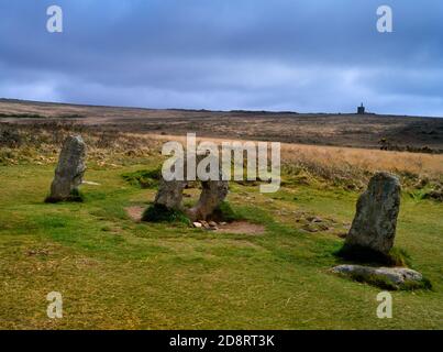 Anzeigen ESE of Men an Tol Holed Stone, Bosullow Common, West Penwith, Cornwall, England, Großbritannien, verbunden mit Folklore, Heilritualen und Weissagung. Stockfoto