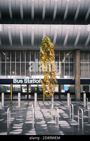 Eingang zum Busbahnhof Preston in Lancashire, der oft als gutes Beispiel für die Brutalistische Architektur bezeichnet wird. Stockfoto