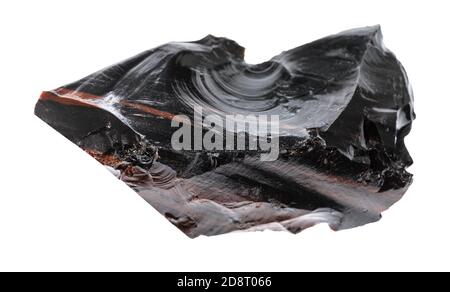 Makrofotografie der Probe des natürlichen Minerals aus der geologischen Sammlung - unpoliertes Obsidian (vulkanisches Glas) isoliert auf weißem Hintergrund Stockfoto