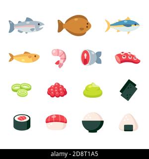 Japanische Lebensmittel Zutaten Cartoon Icon Set. Fisch und Meeresfrüchte, Sushi und Reisgerichte, niedliche einfache Vektorgrafiken. Stock Vektor