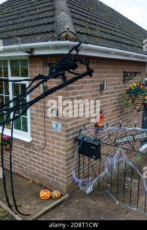 Halloween-Dekorationen und große Spinne hängen an der Außenseite der Ein Haus Stockfoto