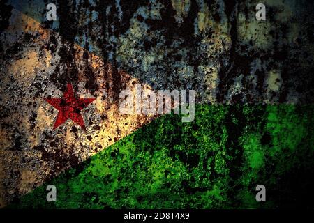 Dschibuti, Dschibutianische Flagge auf grunge Metall Hintergrund Textur mit Kratzern und Rissen Stockfoto