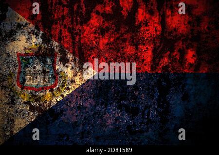 Niederlande, Holland, Sint Maarten Flagge auf grunge Metall Hintergrundtextur mit Kratzern und Rissen Stockfoto