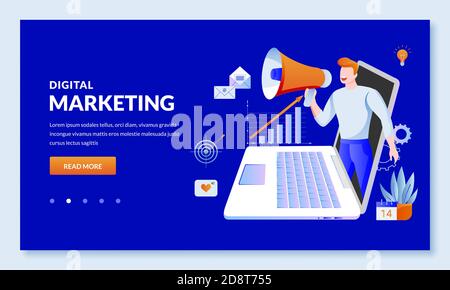Digitales Marketing und SEO Business Technologie Konzept. Vektorgrafik. Website-Management und Social-Media-Werbung Strategie. Web-Landing-Page Stock Vektor
