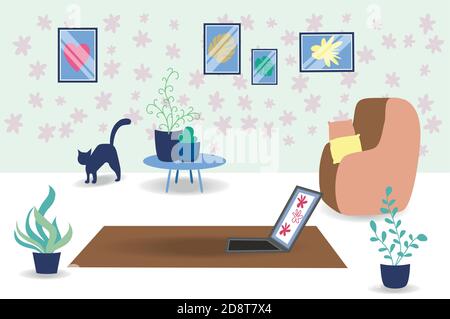 Wohnzimmereinrichtung mit schlafender Katze und Möbeln: Stuhl, Kissen, Pflanze und Tisch mit Büchern und Tasse. Stock Vektor