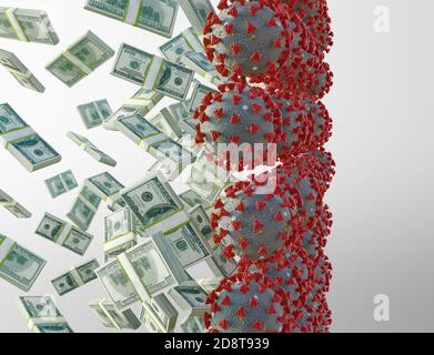 COVID-19 Coronavirus verbreitet. Die Weltwirtschaft trifft sich durch den Ausbruch des Corona-Virus. COVID-19 Coronavirus-Pandemie- und Reisekonzept. 3d-Rendering Stockfoto