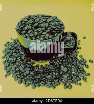 Tasse oder Becher gefüllt mit ganzen Kaffeebohnen, überfüllt die Tasse. Mit ganzen Kaffeebohnen rund um den Becher. Mit Farbverlauf grün und einem gelben Filter. Stockfoto