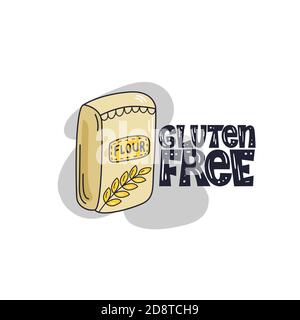 Glutenfreier Schriftzug Phrase. Handgezeichnete Lettering-Illustration mit Mehlverpackung auf hellem Hintergrund. Stock Vektor
