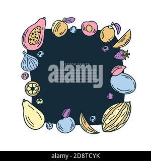 Handgezeichnete Darstellung von Früchten auf dunklem Hintergrund. Bunte Vektor-Komposition von frischen Früchten mit Platz für Text. Doodle-Flat-Style. Stock Vektor