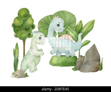 Niedliche kleine Dinosaurier auf dem Hintergrund der Natur. Aquarell isoliert Cartoon Kinder Illustration. Ideal für Einladung, Poster, Wohnkultur. Stockfoto