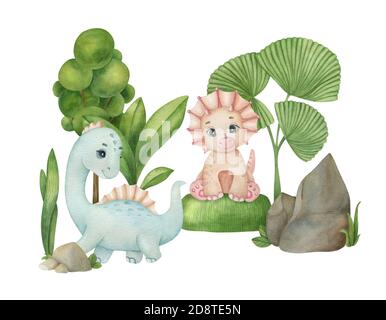 Niedliche kleine Dinosaurier auf dem Hintergrund der Natur. Aquarell isoliert Cartoon Kinder Illustration. Ideal für Einladung, Poster, Wohnkultur. Stockfoto