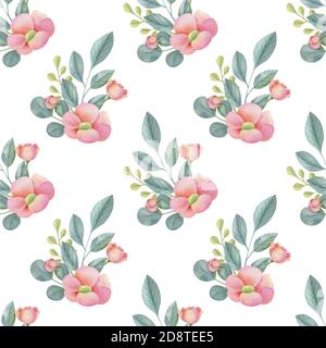 Aquarell floralen nahtlose Muster auf dem hellen Hintergrund. Handbemalte Illustration mit eleganten Blumen, Blättern und Knospen. Stockfoto