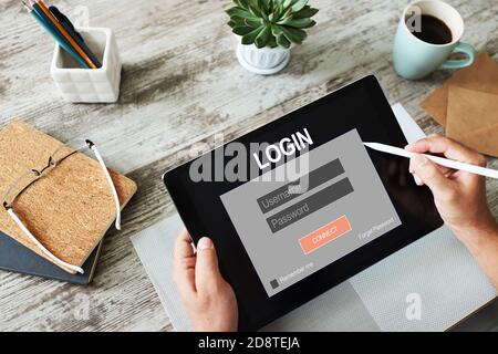 Zugriffsfenster. Geben Sie Login und Passwort ein. Cyberschutz. Datenschutz. Internet und Technologie Konzept Stockfoto