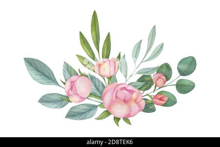 Aquarell florale Komposition auf dem hellen Hintergrund. Handbemalte Illustration für Hochzeitseinladungen, Karten und Drucke. Aquarelldarstellung. Stockfoto