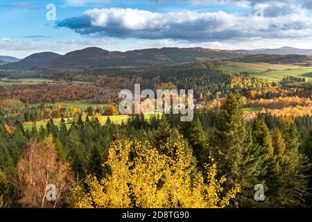 BALMORAL ESTATE RIVER DEE VALLEY ABERDEENSHIRE SCHOTTLAND BLICK IN RICHTUNG ANWESEN HÄUSER FLUSS UMGEBEN VON BÄUMEN IM HERBST Stockfoto