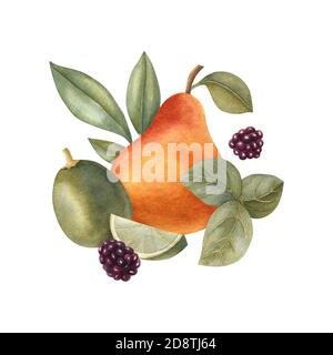 Aquarell Fruchtkomposition mit Kräutern, Limette, Birne und Brombeere. Helle Illustration von gesunden frischen Lebensmitteln. Für Grußkarte, Einladung, Banner. Stockfoto
