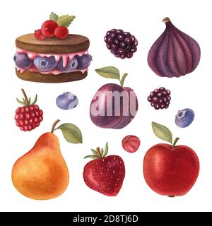 Aquarell Set von frischem Dessert, Obst und Beeren. Helle isolierte Illustration auf dem hellen Hintergrund. Obstsammlung. Stockfoto