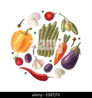 Aquarell runden Rahmen mit Gemüse. Handgezeichnete helle Illustration gesunder frischer Lebensmittel. Design für Einladungen, Grußkarten, Poster. Stockfoto